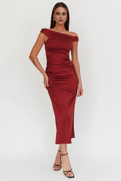 Gorgeous satin side detail side zipper off shoulder bridesmaid dress