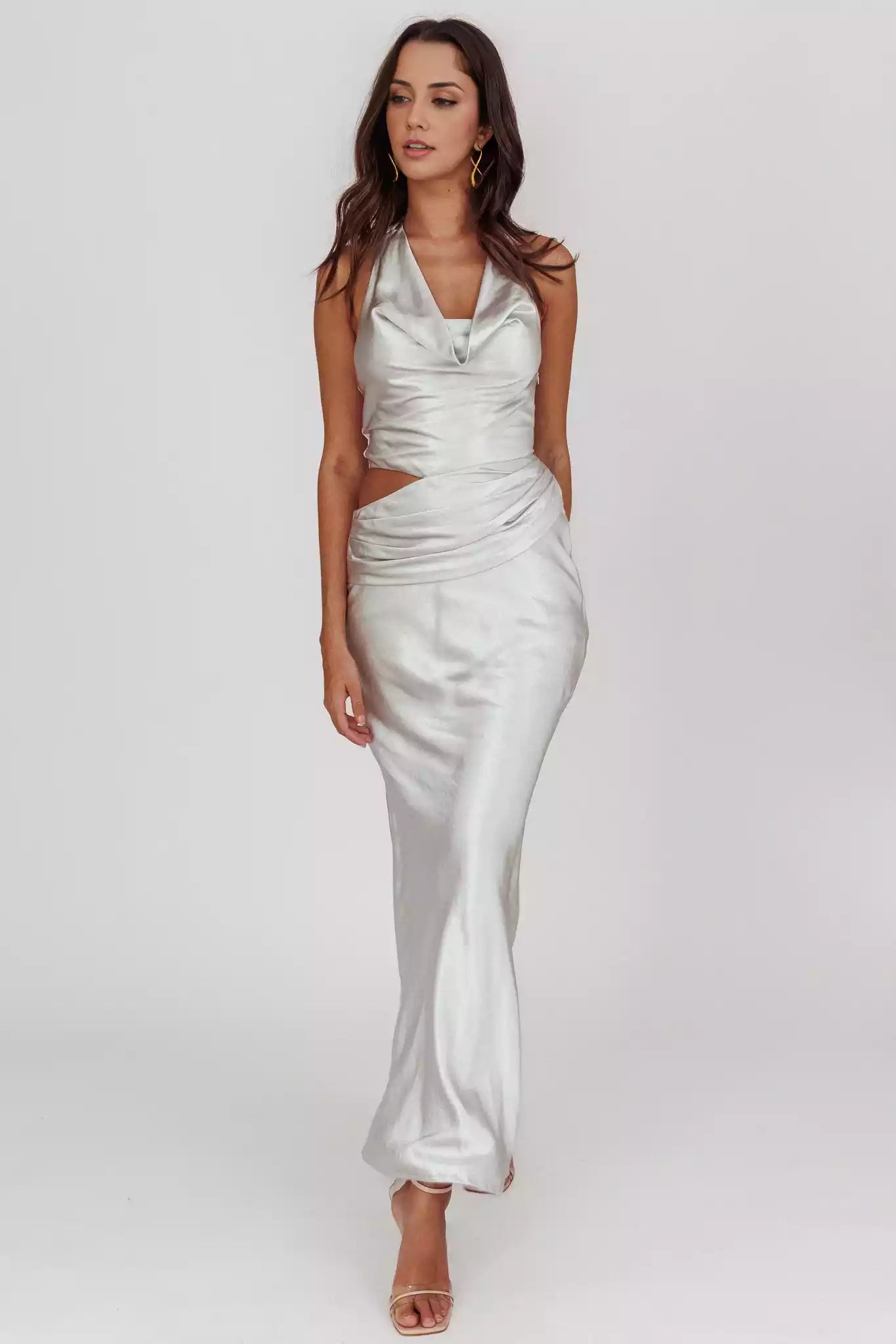 Gorgeous satin ultra long scarf style backless collar with hollowed out hanging texture invisible side zipper Prom Dresses
