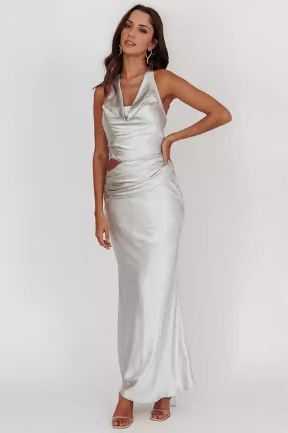Gorgeous satin ultra long scarf style backless collar with hollowed out hanging texture invisible side zipper Prom Dresses