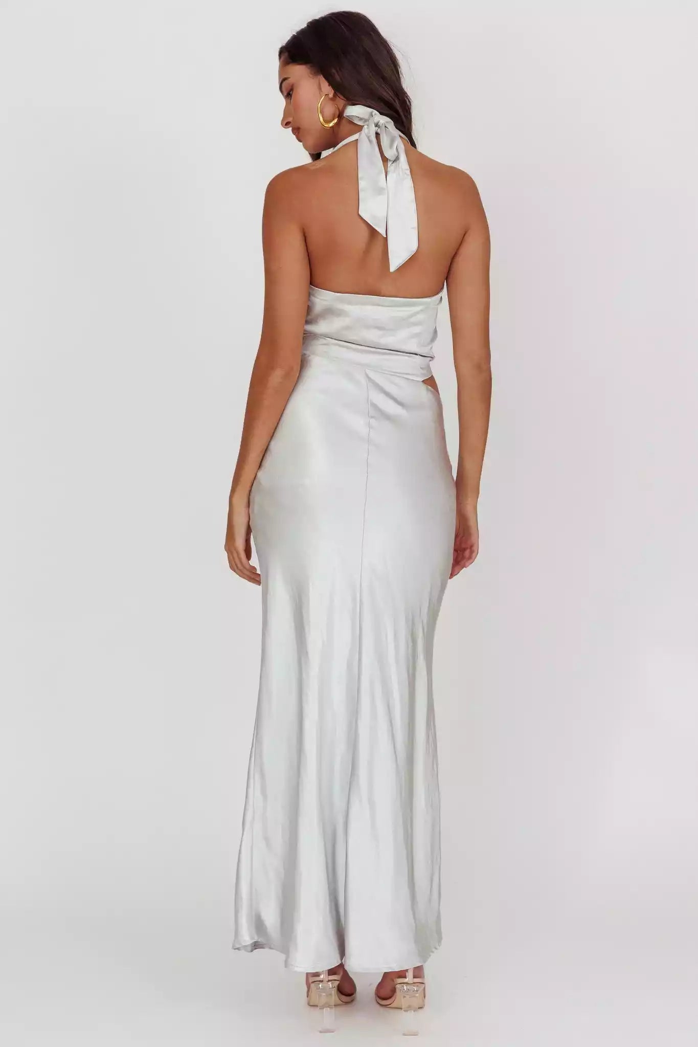 Gorgeous satin ultra long scarf style backless collar with hollowed out hanging texture invisible side zipper Prom Dresses