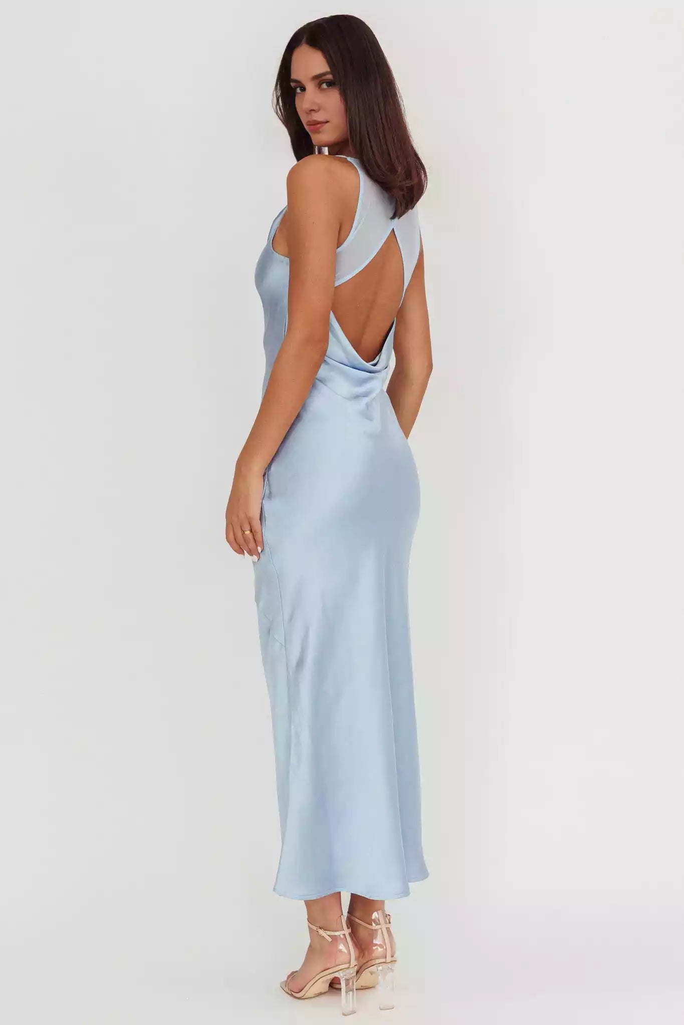 Gorgeous satin ultra long unlined scarf collar with hollowed out mesh side zipper Bridesmaid Dresses