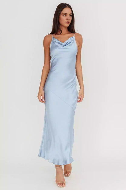 Gorgeous satin ultra long unlined scarf collar with hollowed out mesh side zipper Bridesmaid Dresses