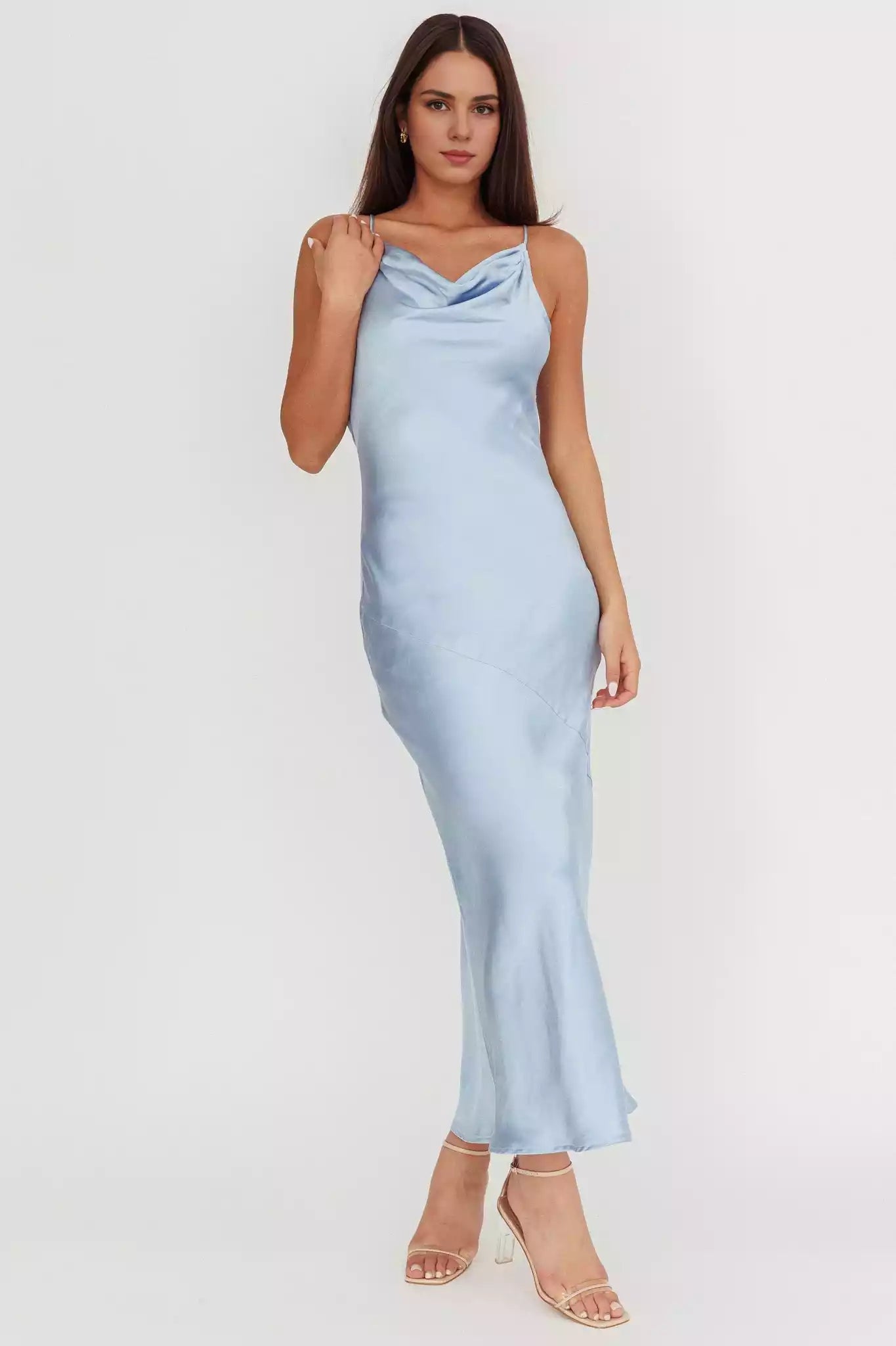 Gorgeous satin ultra long unlined scarf collar with hollowed out mesh side zipper Bridesmaid Dresses