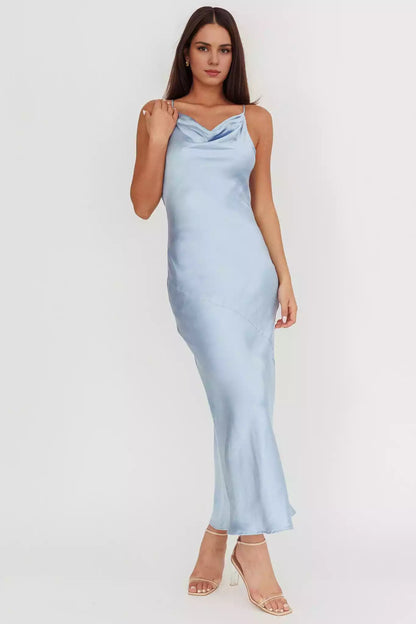 Gorgeous satin ultra long unlined scarf collar with hollowed out mesh side zipper Bridesmaid Dresses