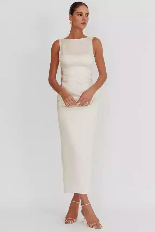 Gorgeous satin with long exposed back slit and semi lined bow details Prom Dresses