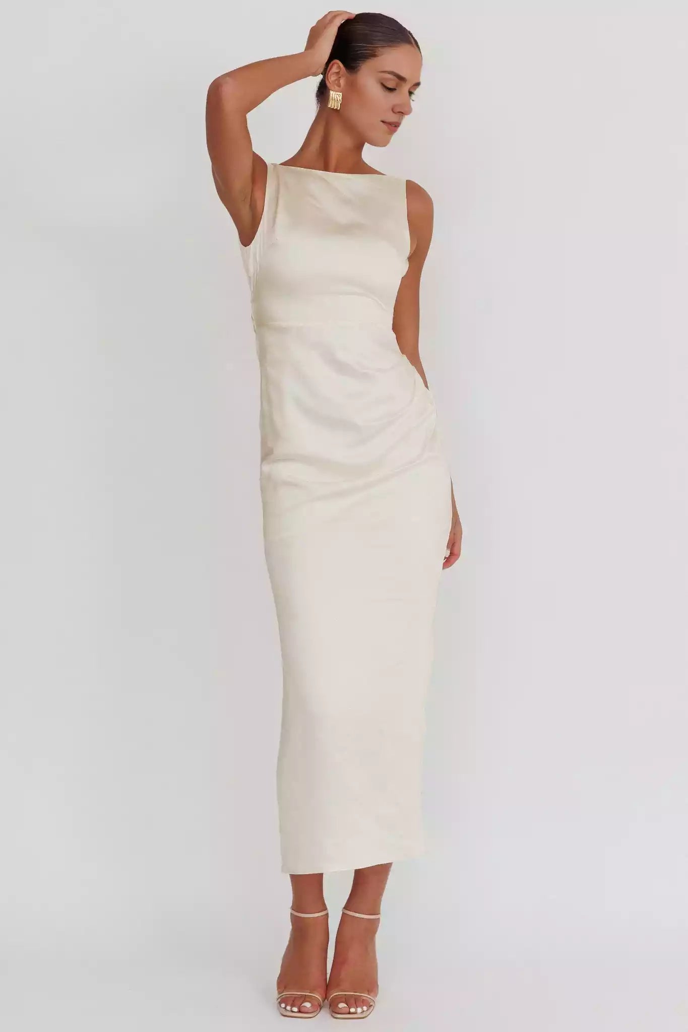 Gorgeous satin with long exposed back slit and semi lined bow details Prom Dresses