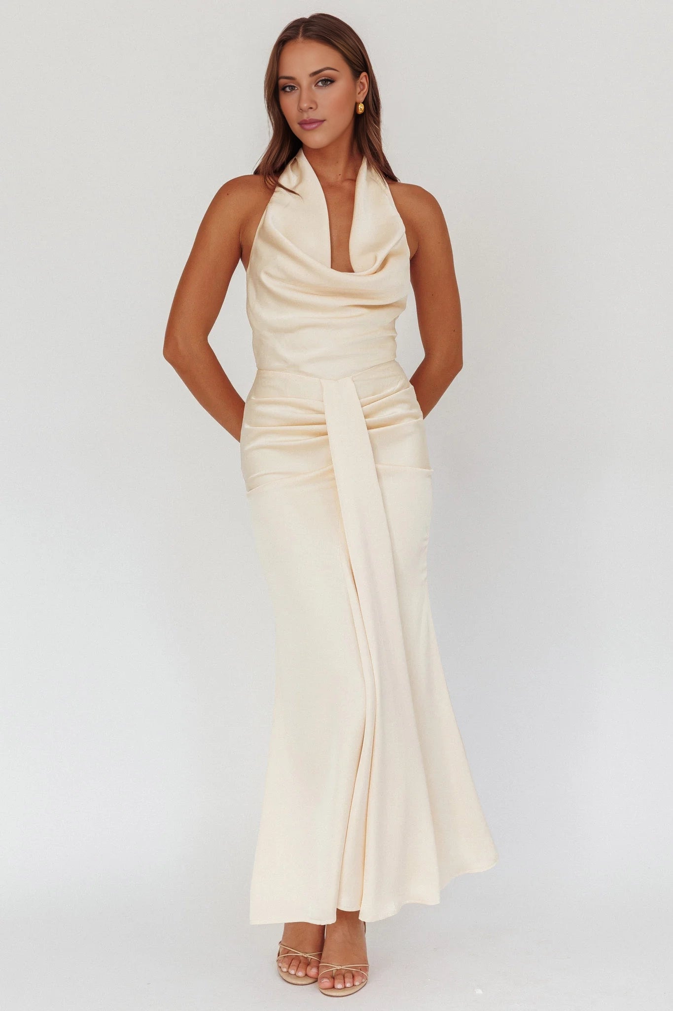 Gorgeous scarf style backless pleated detail with zipper back bridesmaid dress