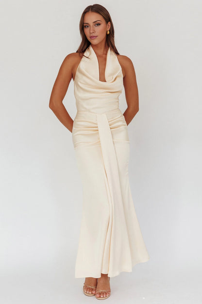 Gorgeous scarf style backless pleated detail with zipper back bridesmaid dress