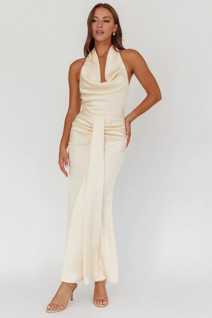 Gorgeous scarf style backless pleated detail with zipper back bridesmaid dress