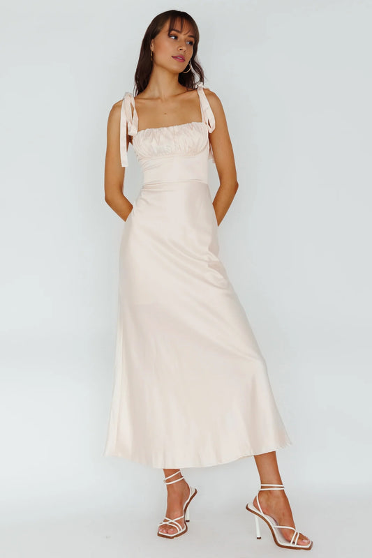 Gorgeous semi lined shoulder cinched chest pleated back with zipper bridesmaid dress