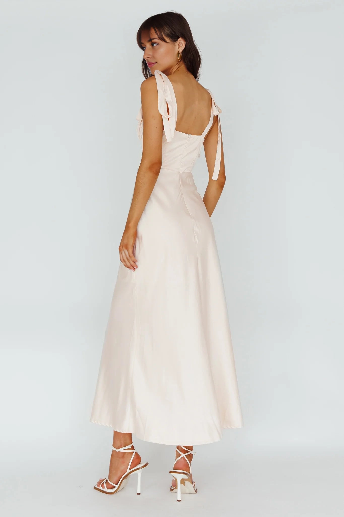 Gorgeous semi lined shoulder cinched chest pleated back with zipper bridesmaid dress