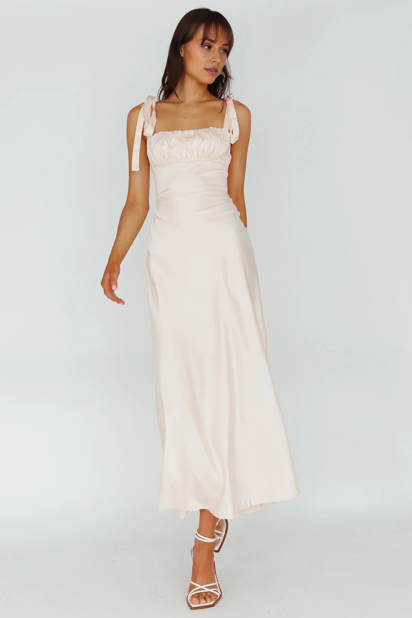 Gorgeous semi lined shoulder cinched chest pleated back with zipper bridesmaid dress