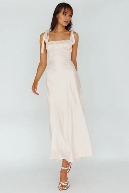Gorgeous semi lined shoulder cinched chest pleated back with zipper bridesmaid dress