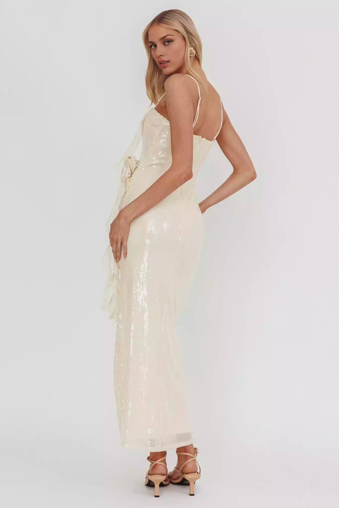 Gorgeous sequined ultra long camisole vest with detachable rose ruffles, front slit and zipper at the back Prom Dresses