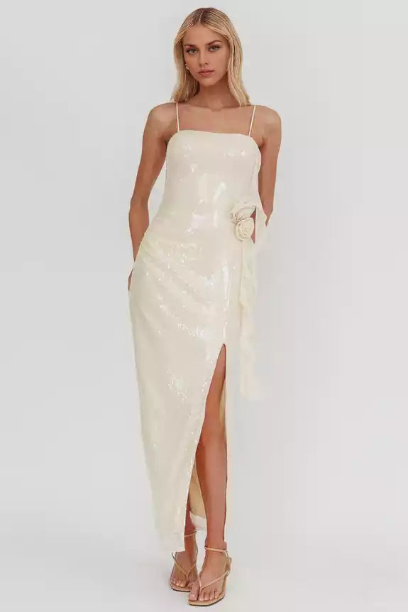 Gorgeous sequined ultra long camisole vest with detachable rose ruffles, front slit and zipper at the back Prom Dresses