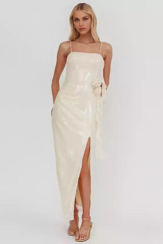 Gorgeous sequined ultra long camisole vest with detachable rose ruffles, front slit and zipper at the back Prom Dresses