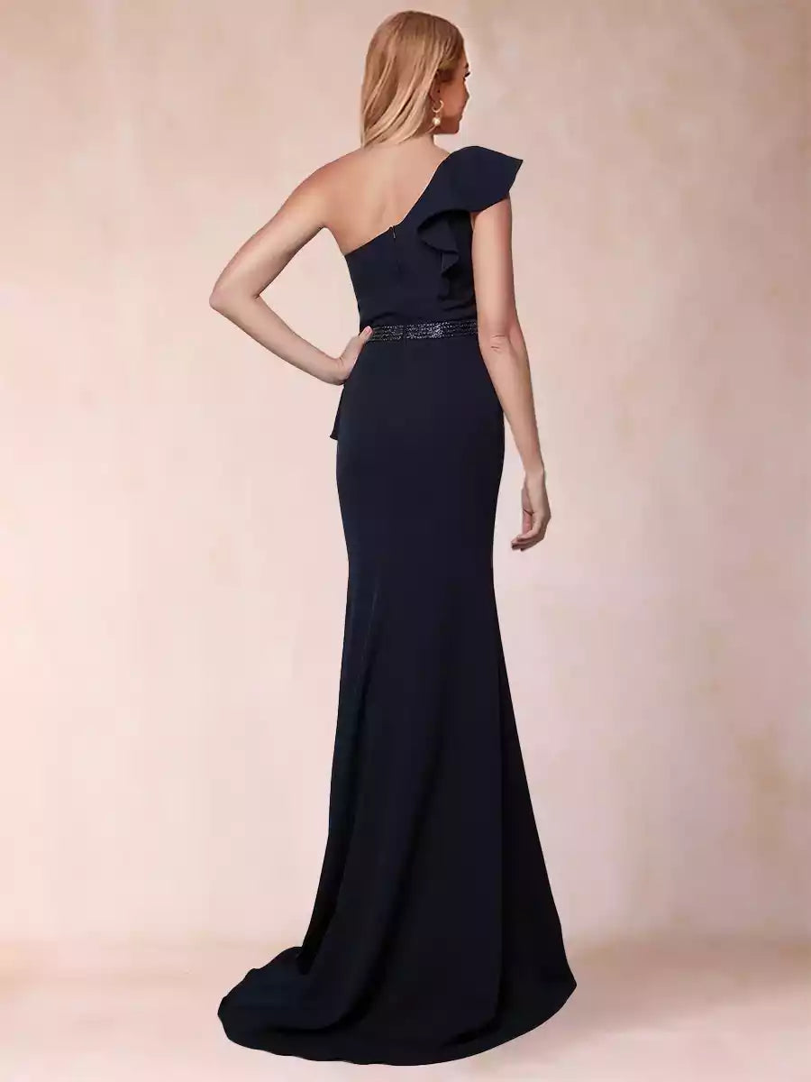 Gorgeous single shoulder pleated ruffle edge side slit slim fit/straight cut Mother of the Bride Dresses
