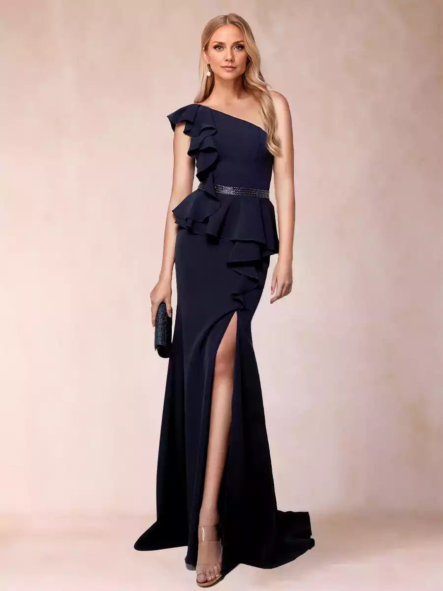 Gorgeous single shoulder pleated ruffle edge side slit slim fit/straight cut Mother of the Bride Dresses