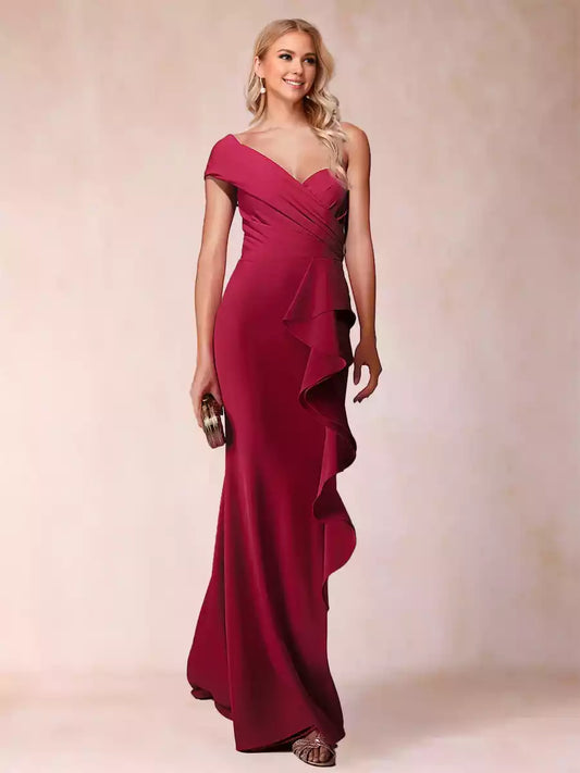 Gorgeous single shoulder trailing pleated ruffle hem slim fit/straight cut Mother of the Bride Dresses