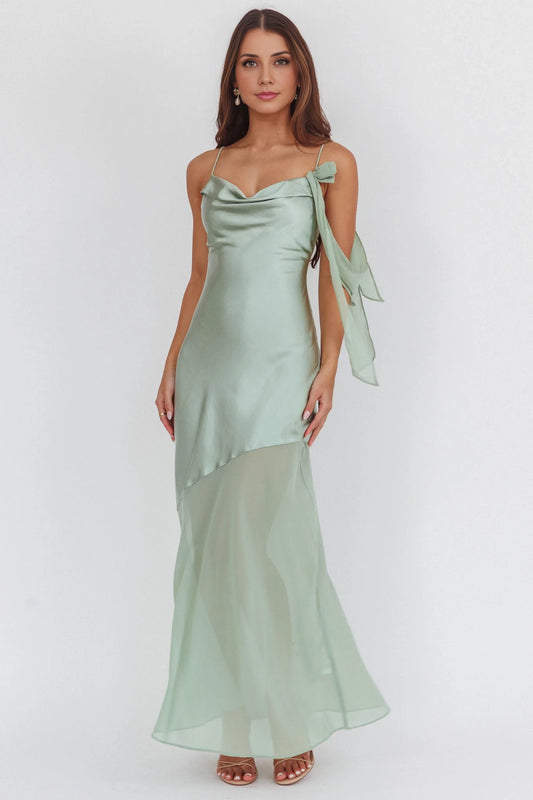 Gorgeous slim shoulder sleeveless satin slim fit chiffon hem bridesmaid dress