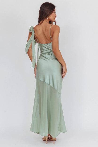 Gorgeous slim shoulder sleeveless satin slim fit chiffon hem bridesmaid dress