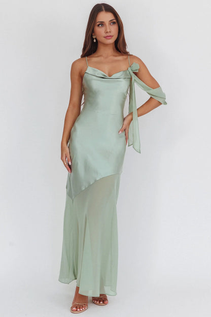 Gorgeous slim shoulder sleeveless satin slim fit chiffon hem bridesmaid dress