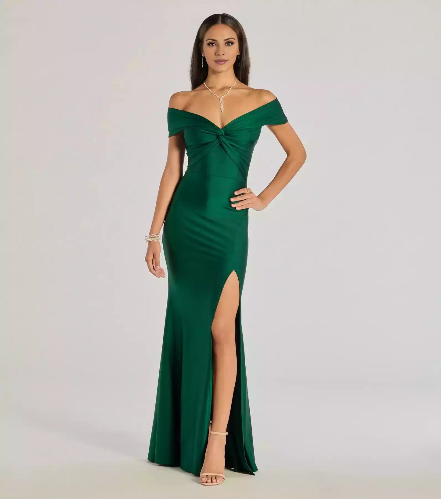 Gorgeous smooth knit off shoulder heart-shaped twisted neckline with high slit mermaid and floor Prom Dresses