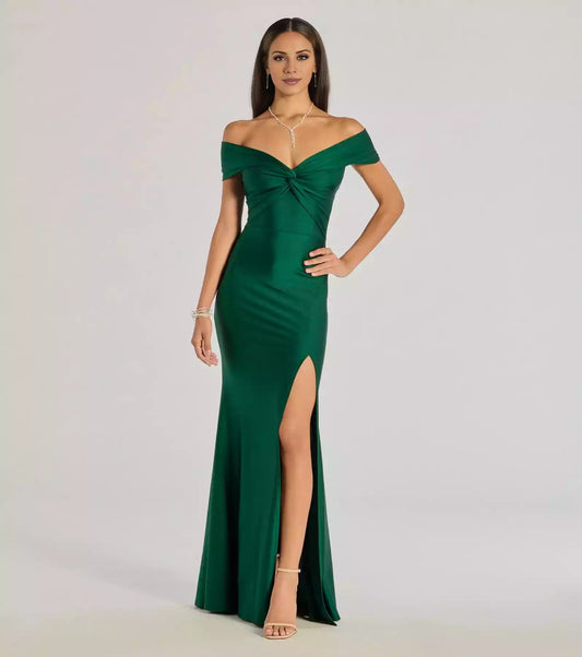 Gorgeous smooth knit off shoulder heart-shaped twisted neckline with high slit mermaid and floor Prom Dresses
