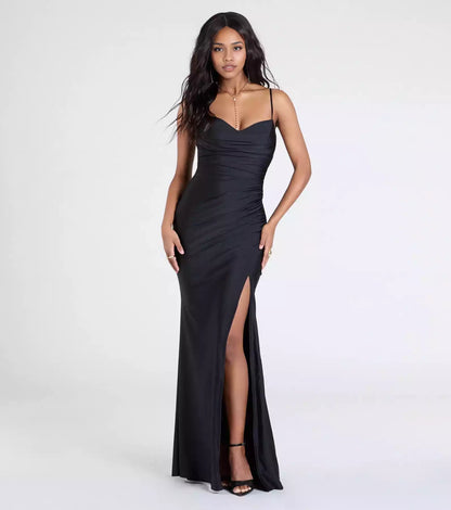 Gorgeous smooth knitted hanging collar with adjustable thin shoulder strap, resembling a high slit mermaid and floor Prom Dresses wrapped around the body