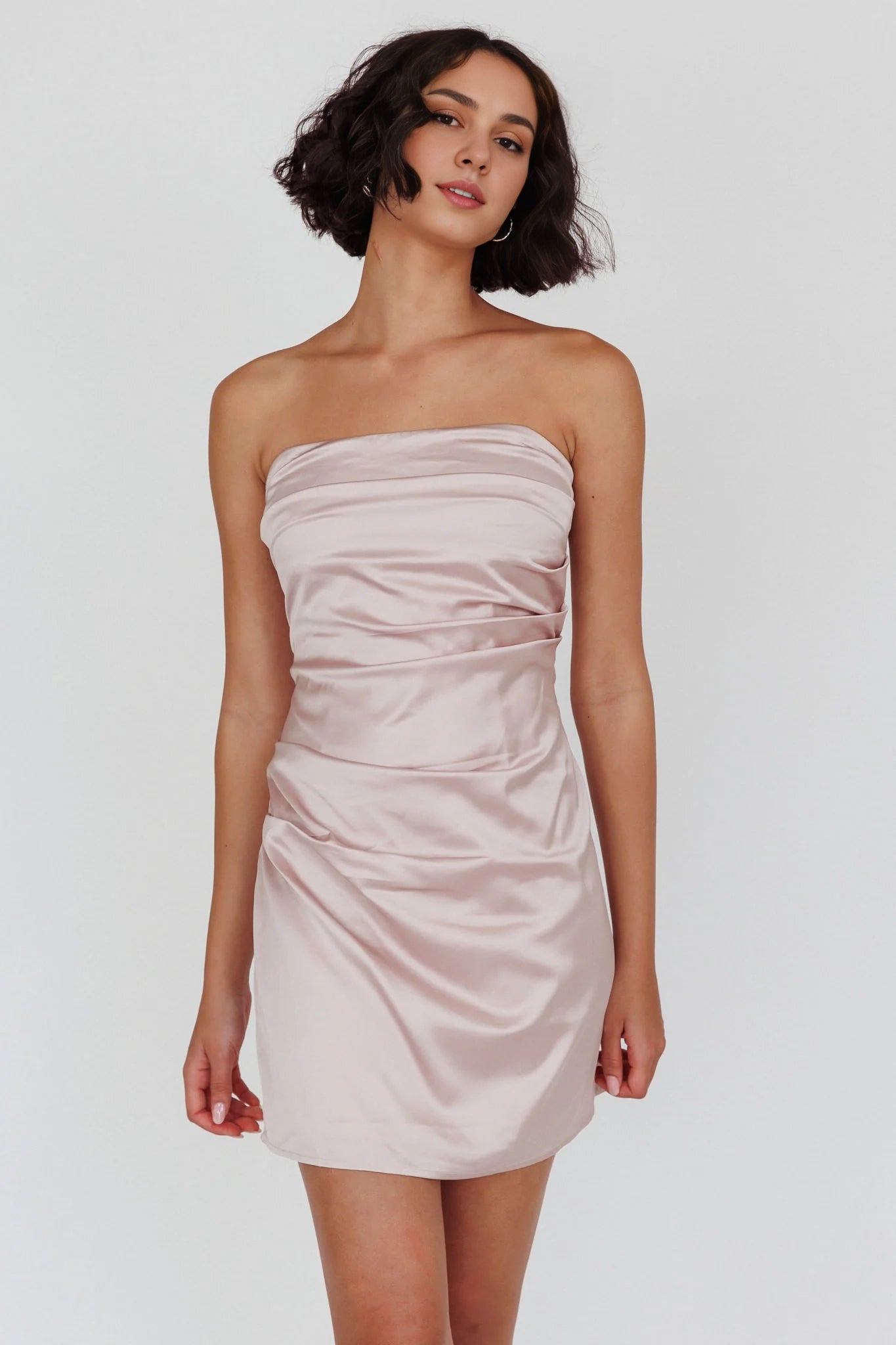 Gorgeous strapless satin mini side with pleated details, back zipper, Homecoming Dresses