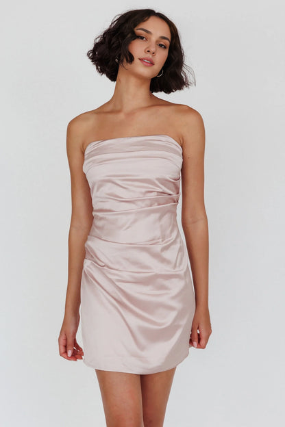 Gorgeous strapless satin mini side with pleated details, back zipper, Homecoming Dresses