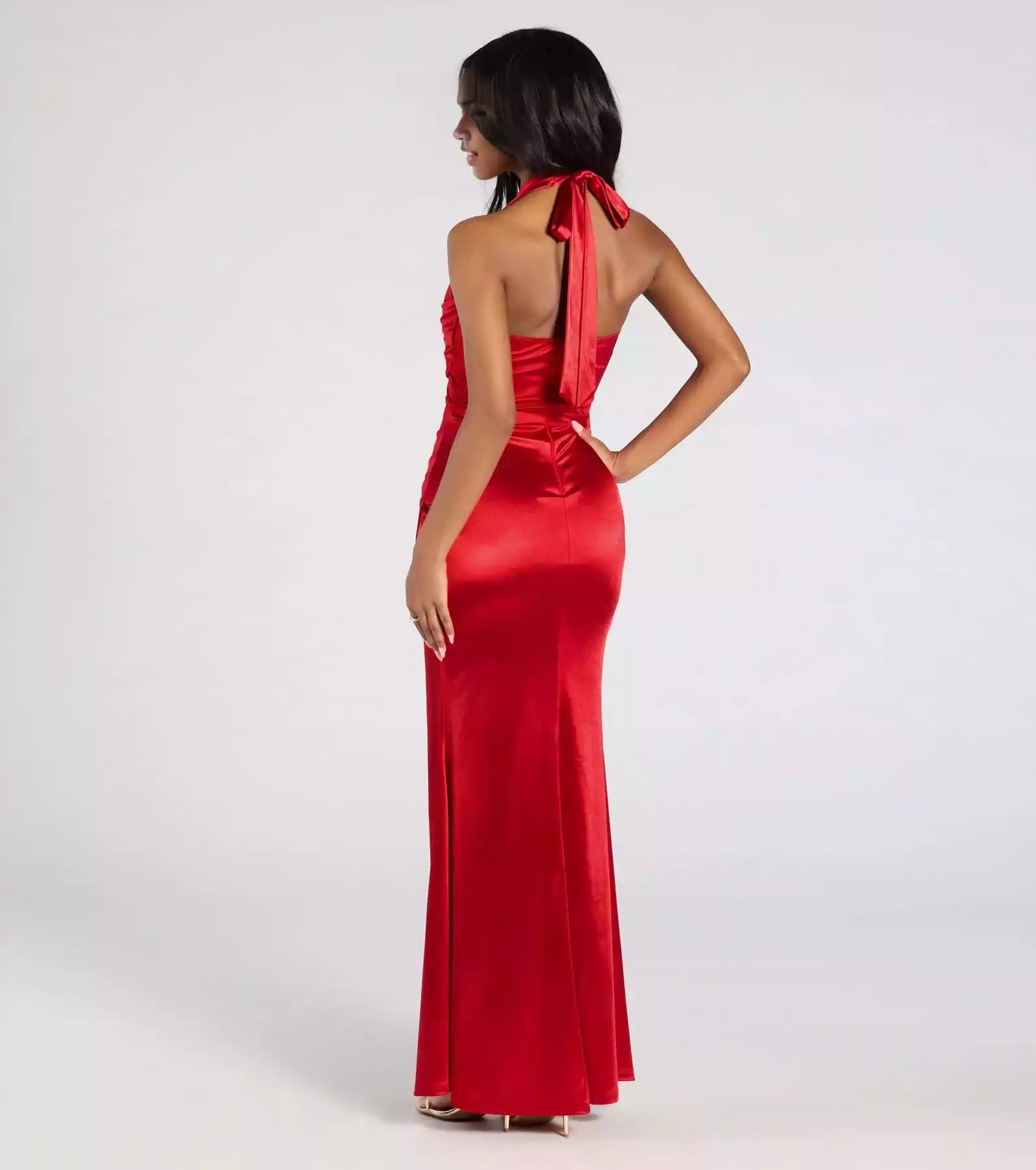 Gorgeous stretch satin backless V-neck back zipper high front slit mermaid and floor Prom Dresses