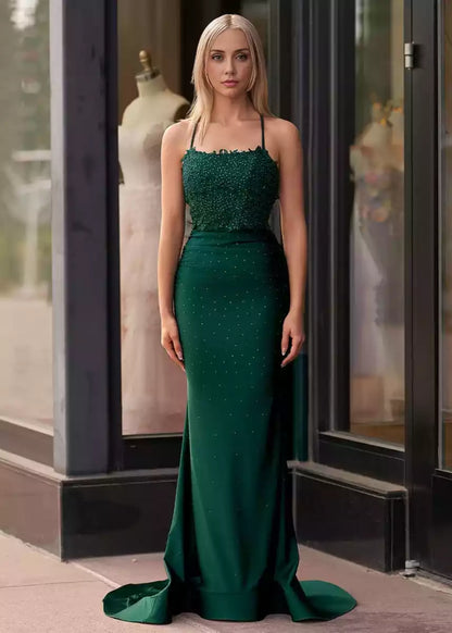 Gorgeous thin shoulder straps with lace decals and beading, fashionable silhouette, straight neck zipper, back Prom Dresses