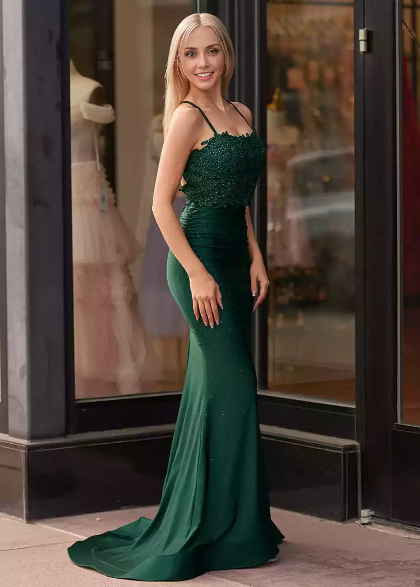 Gorgeous thin shoulder straps with lace decals and beading, fashionable silhouette, straight neck zipper, back Prom Dresses