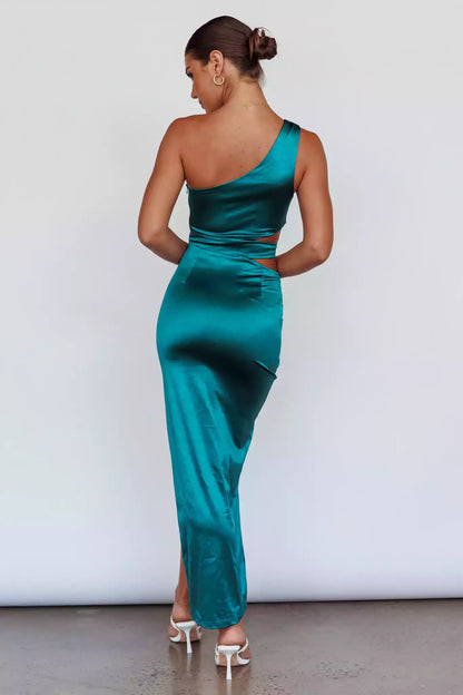 Gorgeous ultra long corset with hollowed out details, single shoulder pleat details, front slit, side zipper, Bridesmaid Dresses