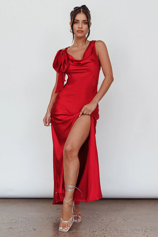 Gorgeous unlined bow shoulder slit, mid length side with zipper bridesmaid dress
