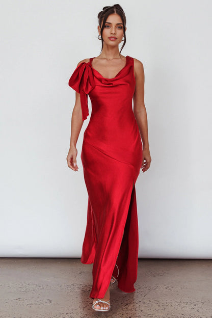 Gorgeous unlined bow shoulder slit, mid length side with zipper bridesmaid dress