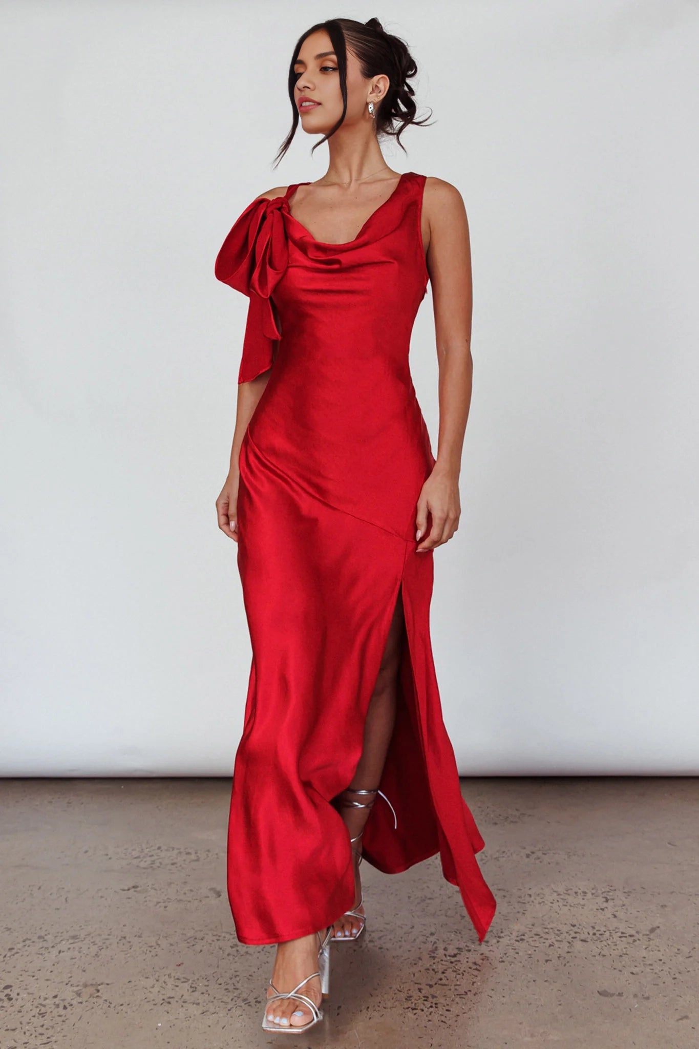 Gorgeous unlined bow shoulder slit, mid length side with zipper bridesmaid dress