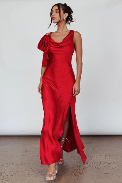 Gorgeous unlined bow shoulder slit, mid length side with zipper bridesmaid dress