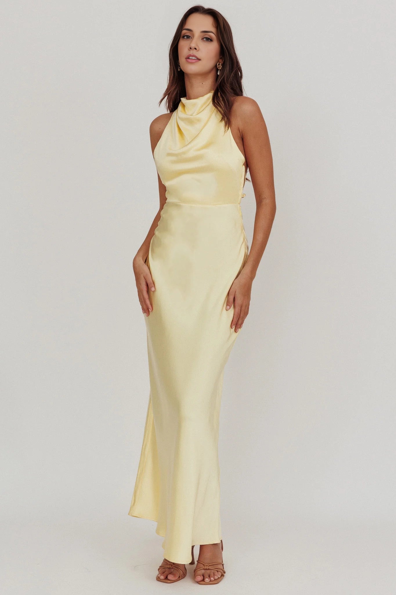 Gorgeous unlined high hanging neck backless side zipper bridesmaid dress