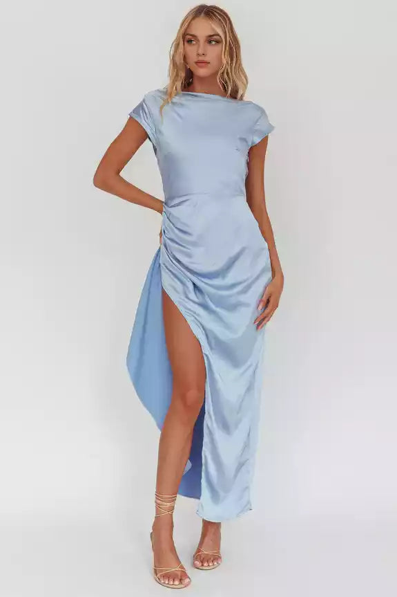 Gorgeous unlined side zipper side slit satin scarf collar Bridesmaid Dresses