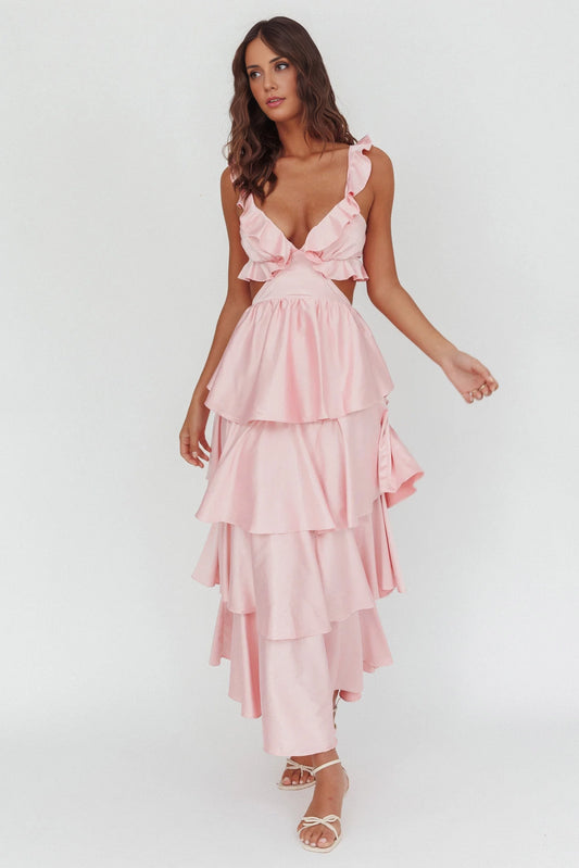 Gorgeous waist hollow back lace up multi-layer ruffle edge hollow bridesmaid dress