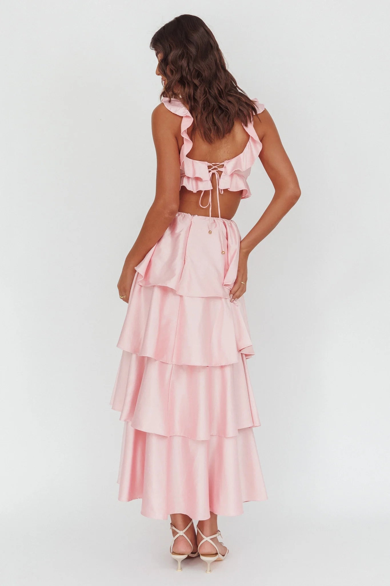 Gorgeous waist hollow back lace up multi-layer ruffle edge hollow bridesmaid dress