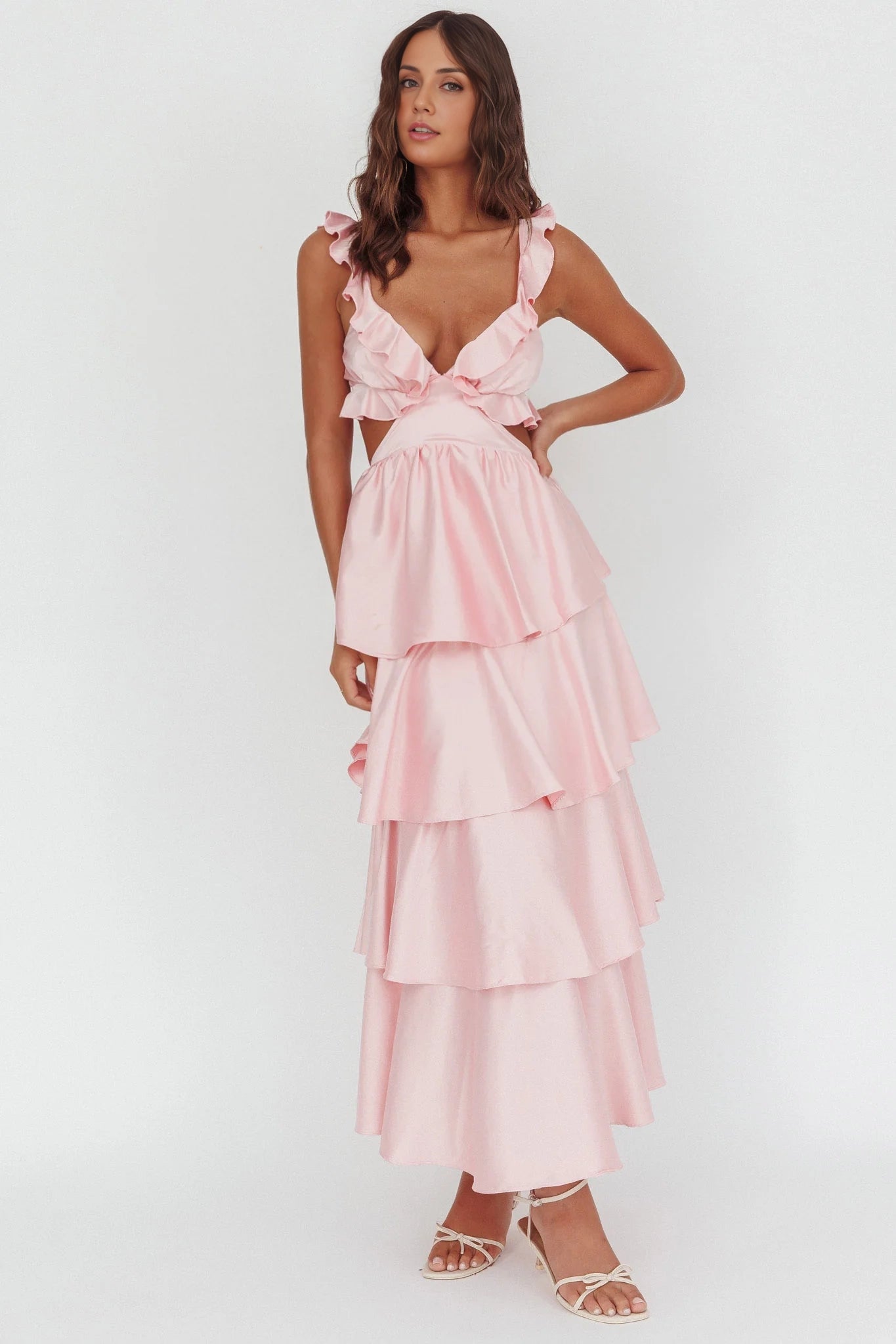 Gorgeous waist hollow back lace up multi-layer ruffle edge hollow bridesmaid dress