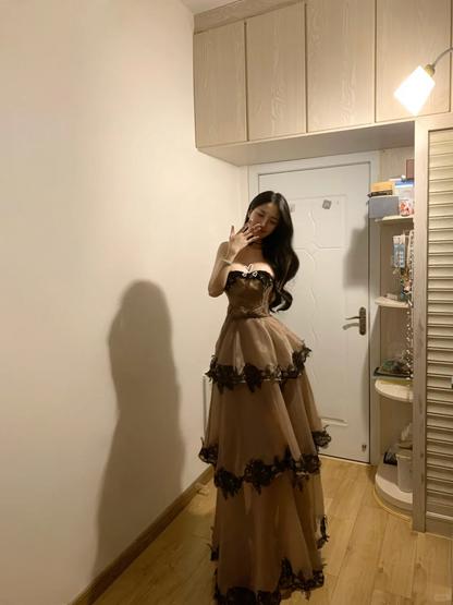 Gothic Elegance Strapless Sweetheart Neck Brown Tulle Lace Trim Tiered Ruffle Prom Dress