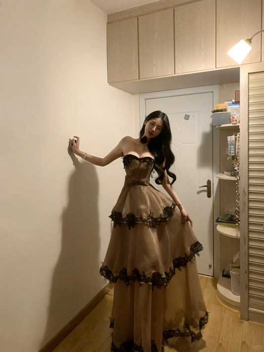 Gothic Elegance Strapless Sweetheart Neck Brown Tulle Lace Trim Tiered Ruffle Prom Dress