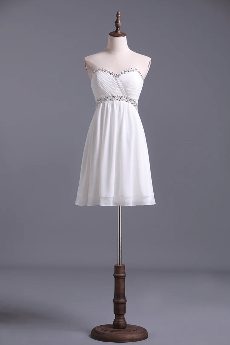Beaded Sweetheart Necklace and Waist Fold Half Chiffon White Graduation Party Dress