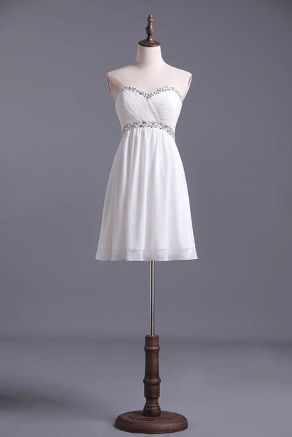 Beaded Sweetheart Necklace and Waist Fold Half Chiffon White Graduation Party Dress