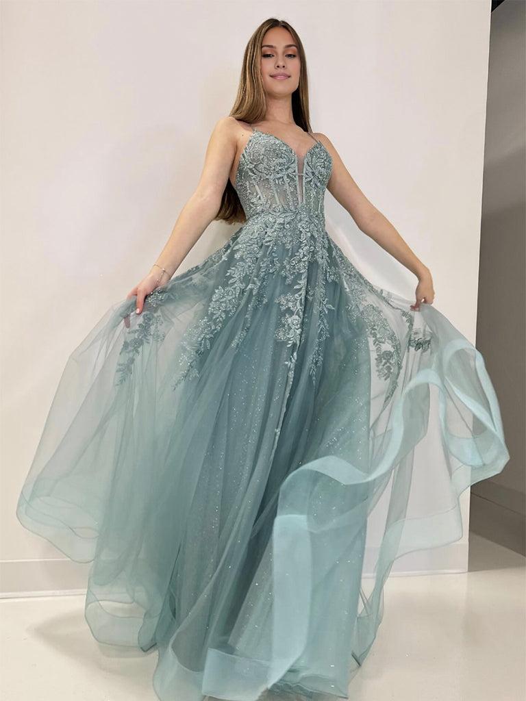 A-Line V Neck Tulle Lace Gray Green Long Prom Dress Gray Green Formal Dress
