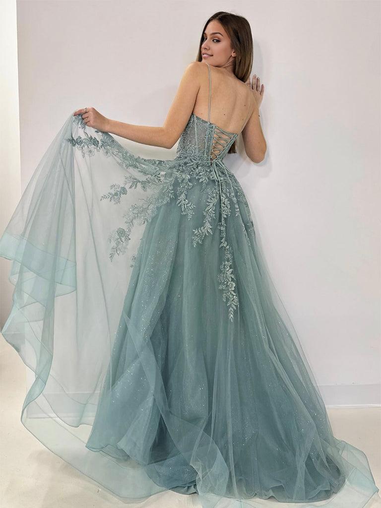 A-Line V Neck Tulle Lace Gray Green Long Prom Dress Gray Green Formal Dress